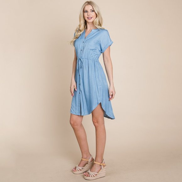 Button Down Chambray Drawstring Waist Shirt Dress. - Picture 3 of 4
